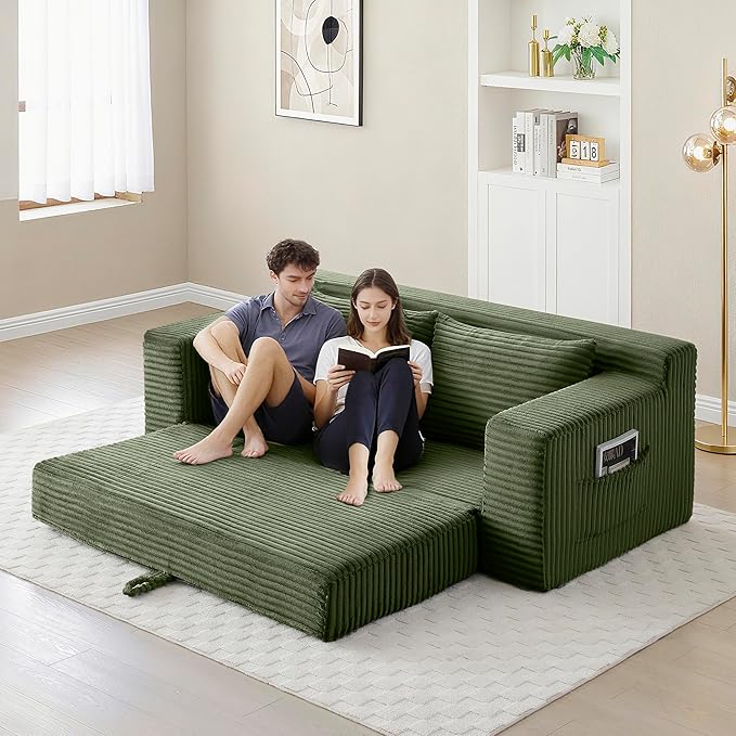 73" Convertible Sofa Bed, 2 in 1 Corduroy Folding Couch with Pillows, No Assembly Boneless Compression Sofa in Box, Loveseat with Side Storage Pocket for Apartment, Living Room, Green