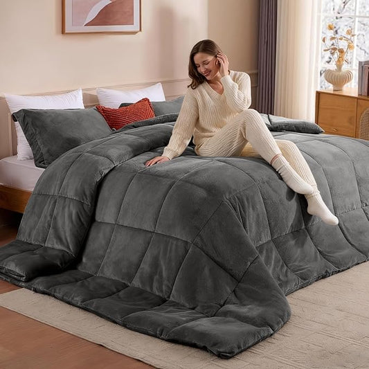Oversized King Plus Comforter Duvet Insert 120"x128" - Plush Fluffy Heavy Winter Flannel, Extra Large Super King Size Breathable Microfiber with 8 Corner Tabs, All Seasons Warm Bedding (Grey)