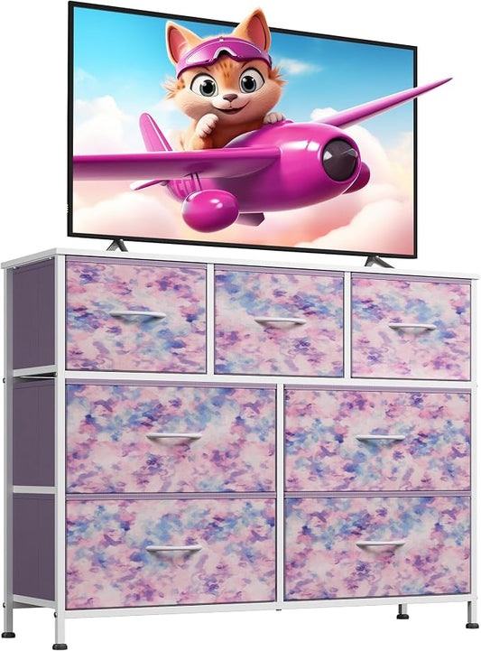 WLIVE 7 Drawer Dresser TV Stand, Entertainment Center, Media Console Table with Wood Top for TV up to 45 inch, Chest of Drawers for Bedroom, Living Room, Tie-dye Print (Pink, Purple, Blue) by WLIVE