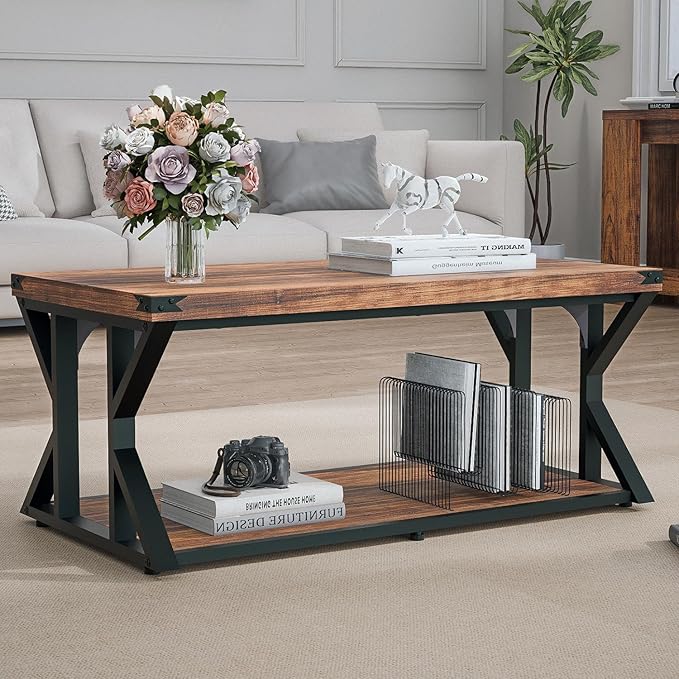 Modern Industrial Coffee Table for Living Room 43" Rectangle Accent Center Table with Storage Shelf & Metal Frame, Heavy Duty 2-Tier Cocktail Table Rustic Brown