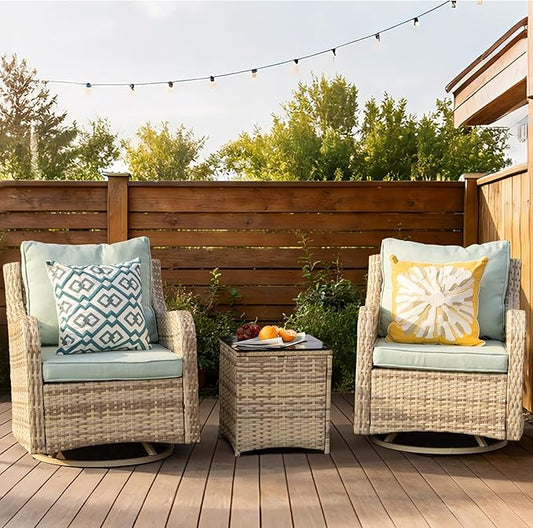 MEISSALIVVE 3 Pieces Patio Furniture Set with Swivel Chair, Outdoor Swivel Rocker with Washable Cushions & Tempered Glass Tabletop, Outdoor Rattan Conversation Set for Lawn Backyard Porch (Blue)