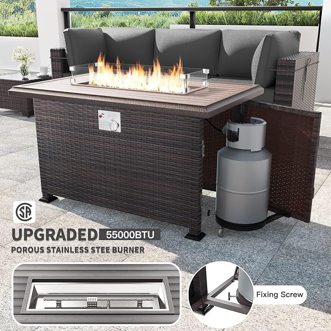Kullavik 8 Pieces Outdoor Patio Furniture Set,Sectional Sofa Set with 43" 55000 BTU Gas Propane Fire Pit Table,Brown PE Rattan Wicker Patio Conversation Set,Grey