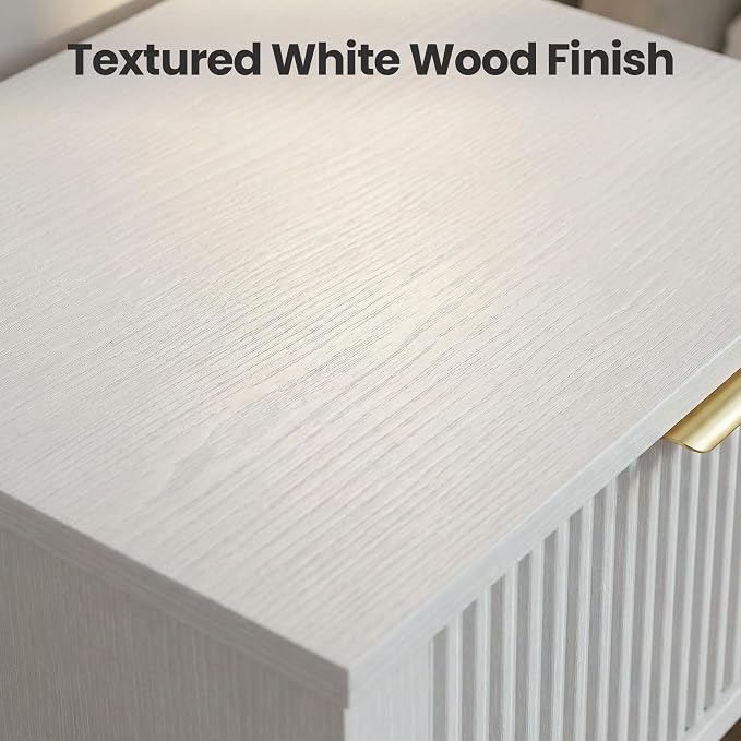 Modern Fluted Small Wood Nightstands Set of 2, 11.8" Deep x 15.4" Narrow Bedside Tables with Drawer & Open Shelf, Farmhouse Chic Side Tables for Bedroom - White - Image 6
