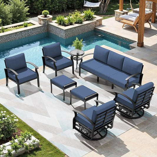 Patio Furniture Set 9-Seat Aluminum Armrest Sofa, Modern Outdoor Living Room Set with 2 Swivel Chairs, 5.1" Cushions, High Backrest & 2 Footstools, Backyard, Poolside - Blue