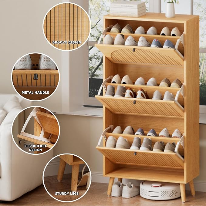 Fsbecl Shoe Storage Cabinet for Entryway with 3 Flip Drawers, Narrow Shoe Organizer with Fluted Panel, Freestanding Wood Hidden Shoe Cabinet for Hallway (Wood Color, 23.6''W, Double Layer) - Image 4