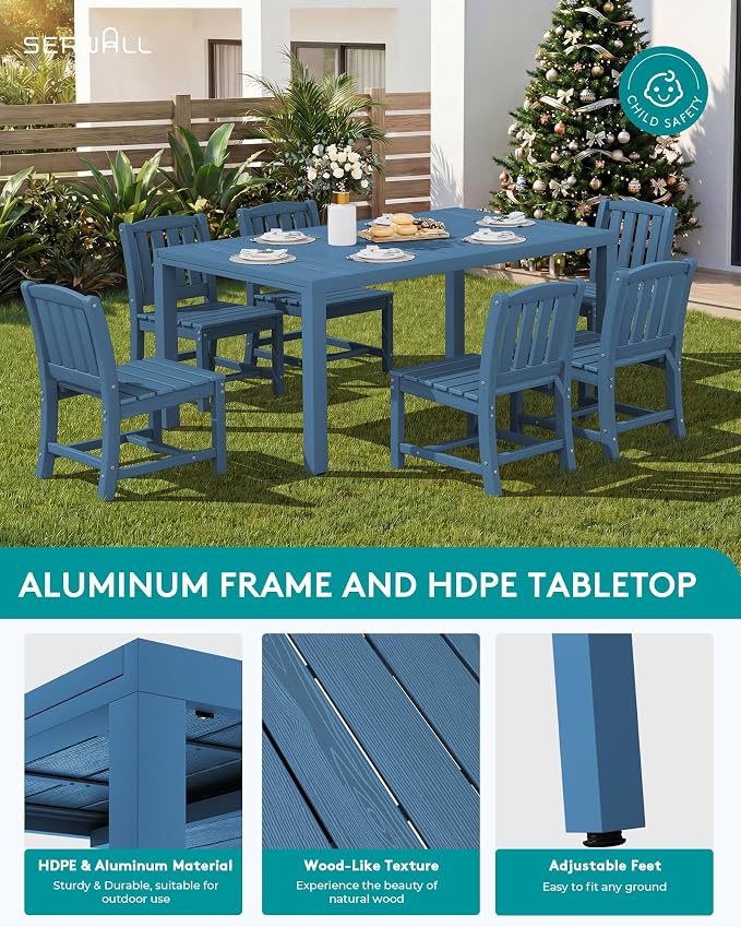 SERWALL 9-Piece Outdoor Dining Set, 60" - 83" Expandable Outdoor Dining Table and 8 HDPE Chairs, All Weather HDPE Outdoor Furniture Set for Backyard, Garden, Blue - Image 4