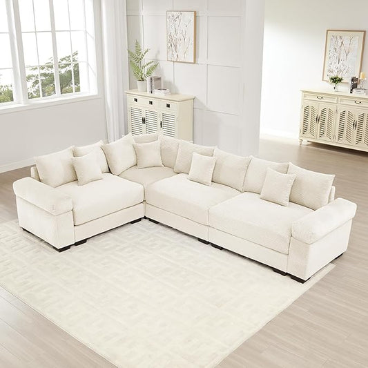 KEIKI 117" L-Shaped Oversized Corduroy Modular Cloud Sectional Sofa with High-Density Foam Cushion, Extra-Thick Armrest, Convertible 4-Seater Fluffy Corner Couch with 14 Pillow, for Living Room, Beige