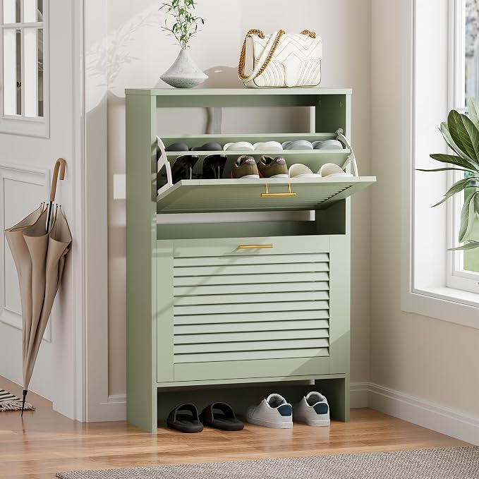 Shoe Cabinet Storage, Hidden Shoe Organizer, Modern Freestanding Organizer with 2 Flip Drawers Louvered Shoe Cabinet for Entryway (Green, 2 Drawers) by Boesat