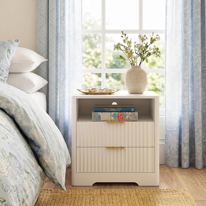 Modern Fluted Nightstands with Charging Station, Drawers, and Smart Night Light, Large Wood Nightstand with Storage Shelf, Side Tables for Bedroom, Living Room (1, White) by Rumiiro