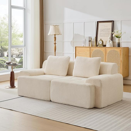 Modular Sectional Sofa, Boneless Couches for Living Room, Corduroy Couch, Big Comfy Couch, Modular Cloud Sofa with Deep Seat (White, 2 Pieces-Loveseat)