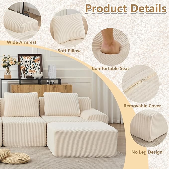 KIGOTY Modular Sectional Sofa Set, 5 PCS Comfy Cloud Sectional Couch with Deep Seat, Sleeper Sofa Bed with Ottoman, Modern Boneless Couch for Living Room, No Assembly Required,White