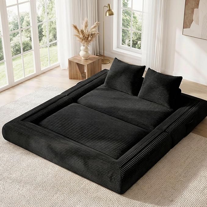4-in-1 Convertible Folding Sofa Bed, 76 Inch Queen Size Foldable Sleeper Sofa Bed, Wide Corduroy Upholstery, Boneless Mattress Couch with Armrests & Neck Pillow for Living/Bedroom - Black