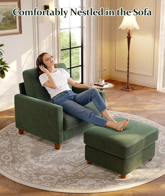 35.3" Couches for Living Room, Comfy Green Couch Single with 22.5" Deeper Seat, Accent Chair Tool-Free Setup, Reading Chair 440lbs Support, Corduroy Couch for Bedroom, Apartment, Office