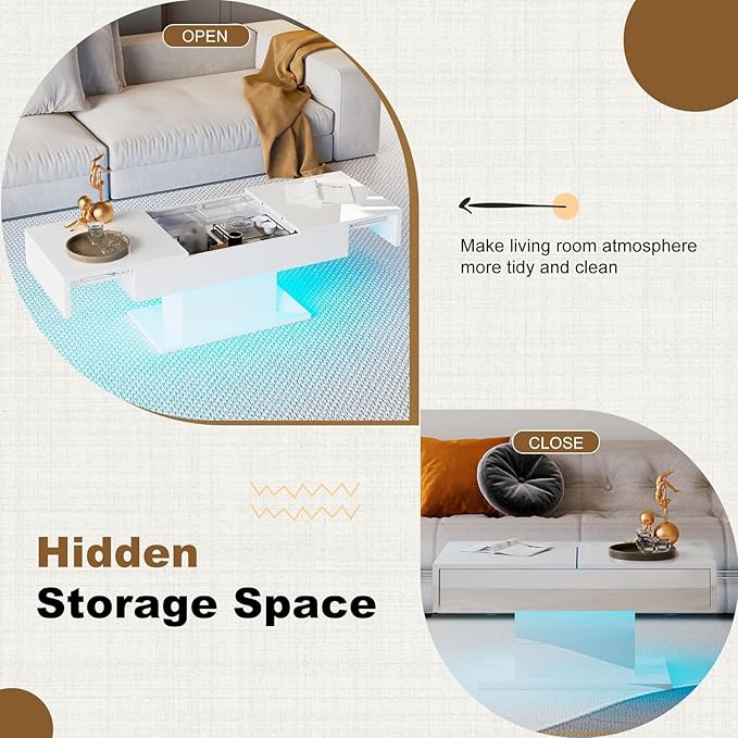 White Modern Coffee Table with Hidden Storage for Living Room, Living Room Table Rectangular Center Tables Sliding Top with LED Lights, Wooden Cocktail Table for Reception Room
