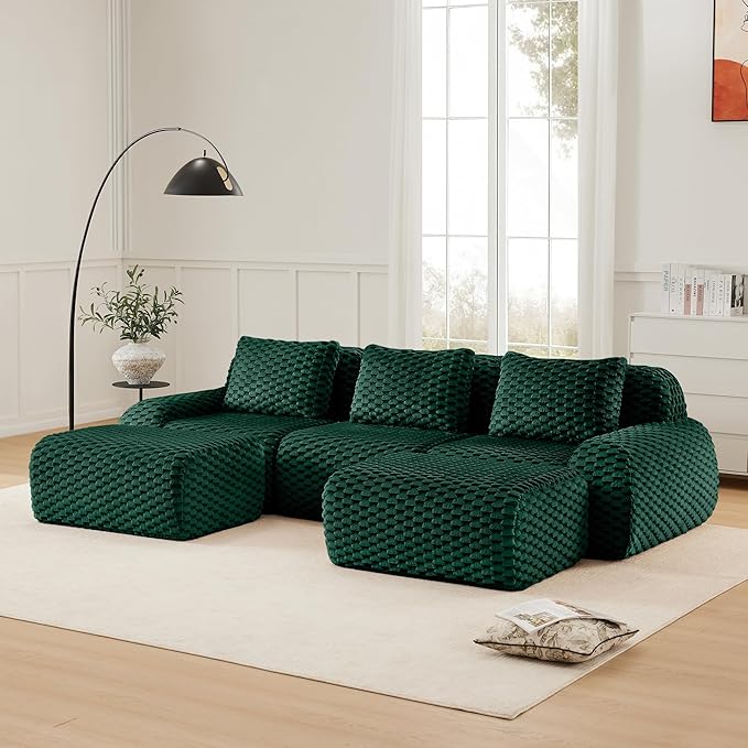 114" U-Shaped Compressed Sectional Cloud Sofa, Flannel Upholstered Modular Deep Seat Sofa with 5 Pieces, Symmetrical Boneless Foam Modular Cloud Couches for Living Room