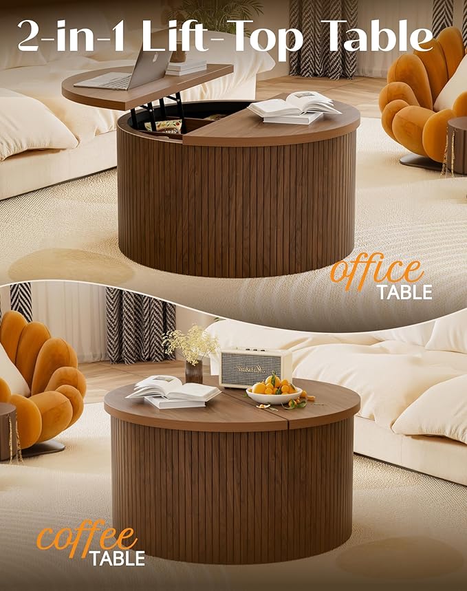 Fluted Round Lift Top Coffee Table with Storage, 31.5" Walnut Small Circle Wood Center Table for Living Room