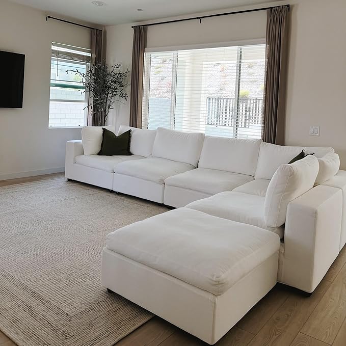 Acanva Modular U-Shaped Sectional Cloud Couch, Free Combination Minimalist Sofa, Convertible to DayBed with Shredded Latex Filled Cushion and Removable Slipcovers for Living Room, 5 Seater + Ottoman