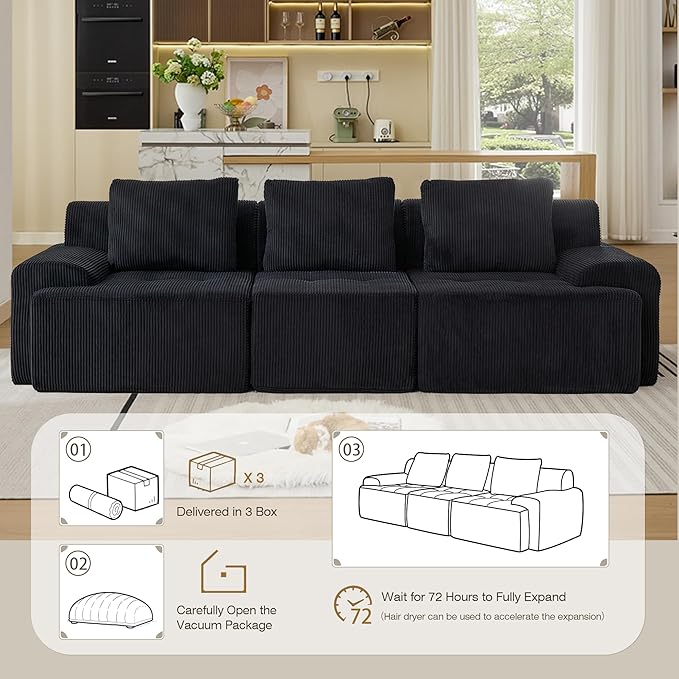 Modular Sectional Sofa, Boneless Couches for Living Room, Corduroy Couch, Big Comfy Couch, Modular Cloud Sofa with Deep Seat (Black, 3 Pieces-Rowshape)