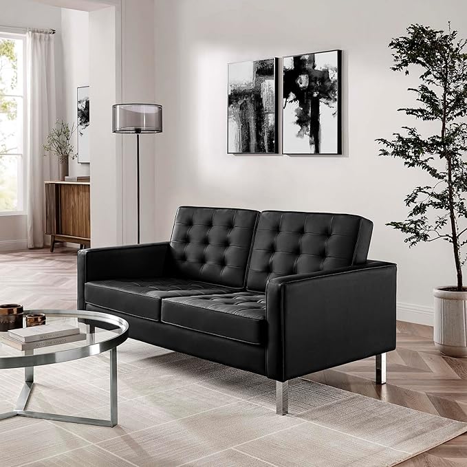 Modway Loft Tufted Button Faux Leather Upholstered Loveseat in Silver Black