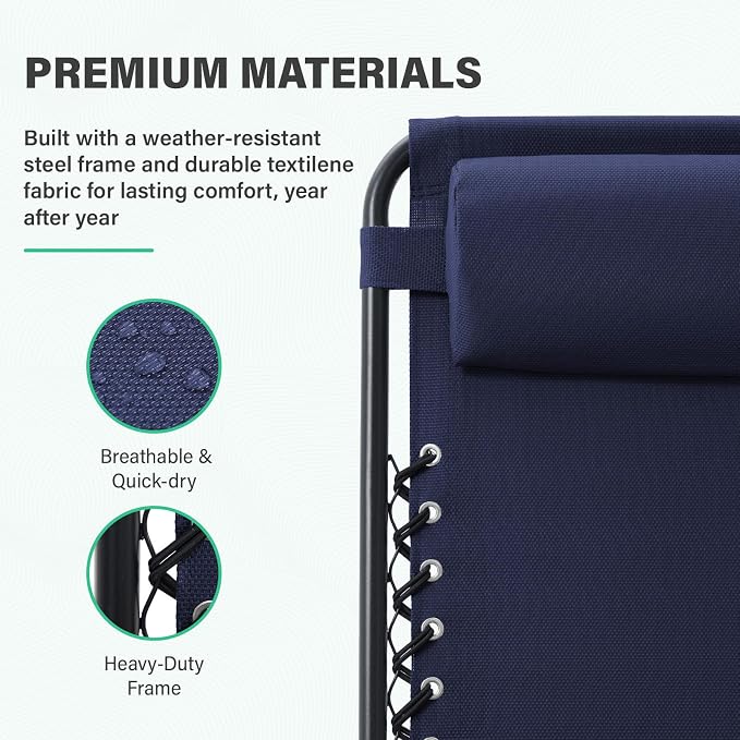 JEAREY Zero Gravity Lounge Chairs Set of 2, Breathable Steel Mesh Lounge Chairs with Head Pillows & Cup Holder Trays, for Patio, Garden, Beach, Purplish Blue - Image 4