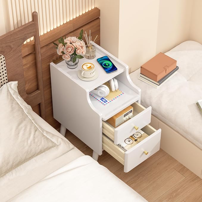 Narrow Nightstand, Solid Wood Night Stand with 2 Drawers, White Mid Century Modern Nightstand, Small Beside Table with Open Storage Shelf for Bedroom（12 inch - Image 2