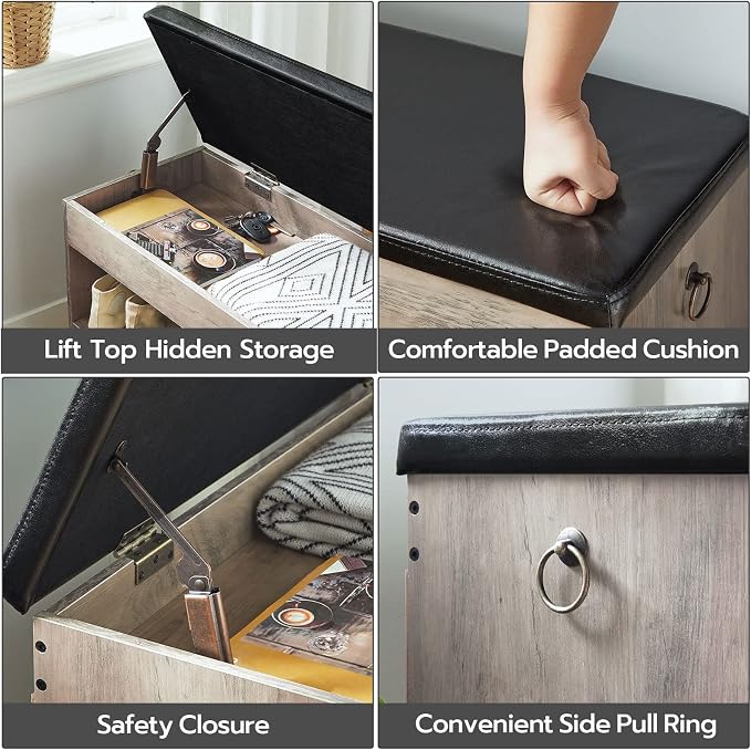 HOOBRO Shoe Storage Bench with Cushion, 32.3'' Entryway Bench with Lift Top Hidden Storage and Adjustable Shelves, Wooden Shoe Rack Bench for Entryway Bedroom, Rustic Brown and Black BG40HX01 - Image 5