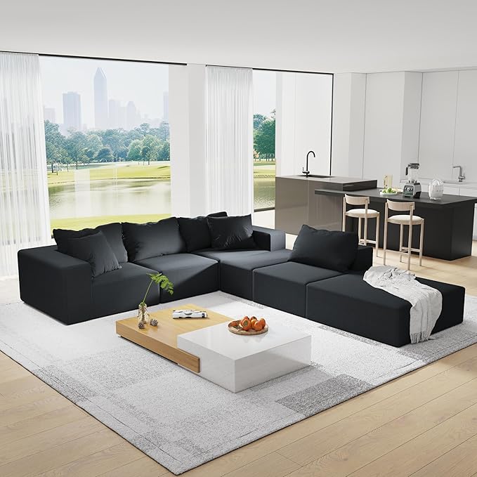 KEIKI Sectional Sofa Couch Set, Modular 132" L Shaped Couch Set with 6 Pillows, Free Combination Upholstered Sofa Couch for Living Room, Bedroom, Black