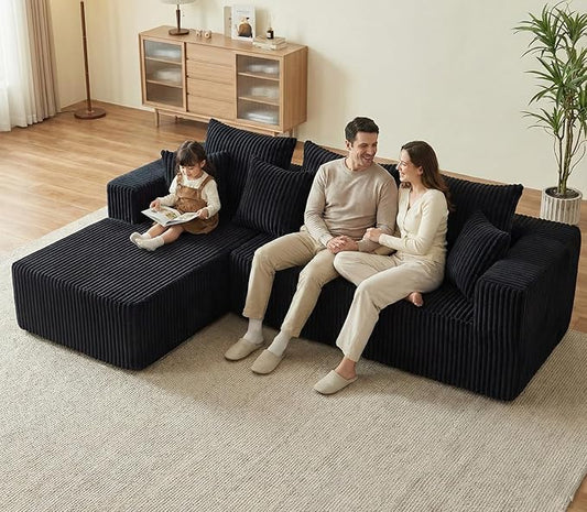 Boneless Sectional Sofa, 101" Cloud Sofa with Wide-Wale Corduroy, Deep Seat L Shaped Couch, All-Foam Filled Compressed Couch for Living Room (Black, Corduroy)