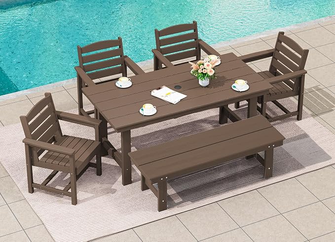 SERWALL Outdoor Dining Set for 6, HDPE Furniture Set with Umbrella Hole, All Weather Bench & Chairs, Coffee Table - Image 8
