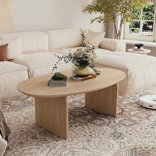 Honyee Oval Coffee Table, 47.2" Wood Coffee Table for Living Room, Modern Wooden Center Table with Solid Wood Veneer Legs, Sturdy Rounded Edge Design, Easy Assembly, Apartment Friendly, Natural