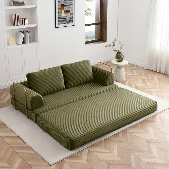 Eafurn Boneless Convertible Folding Sofa Bed, 4-in-1 Memory Foam Sleeper Loveseat with Armrests, Modern Corduroy Upholstered Floor Couch & Fold Out Mattress for Living Room, Apartment | Breathable material, Fixed-shape Frame