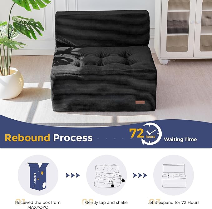 MAXYOYO 8" Folding Sofa Bed, Convertible Sleeper Sofa Lounger Foldable Mattress, Wedge Shape Floor Couch Tufted Fold Out Chair Bed Comfy Floor Couch Lounge for Living Room Bedroom, Single, Black