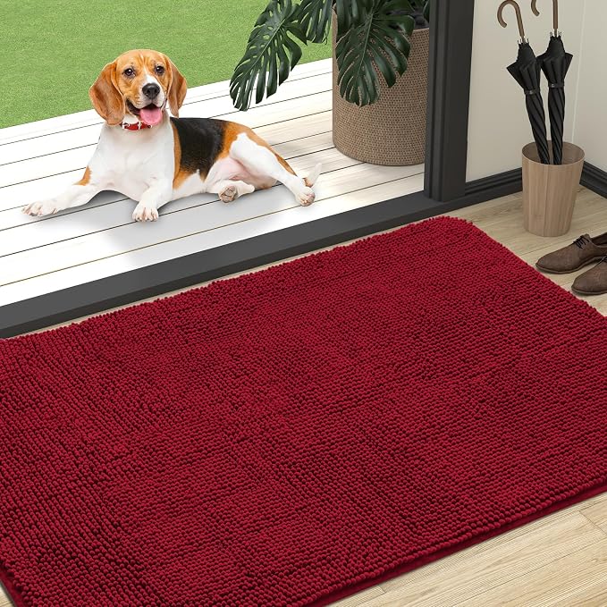 OLANLY Dog Door Mat for Muddy Paws 47x32, Absorbs Moisture and Dirt, Absorbent Non-Slip Washable Doormat, Quick Dry Chenille Mud Mat for Dogs, Entry Indoor Entryway Carpet for Inside Floor, Red by OLANLY