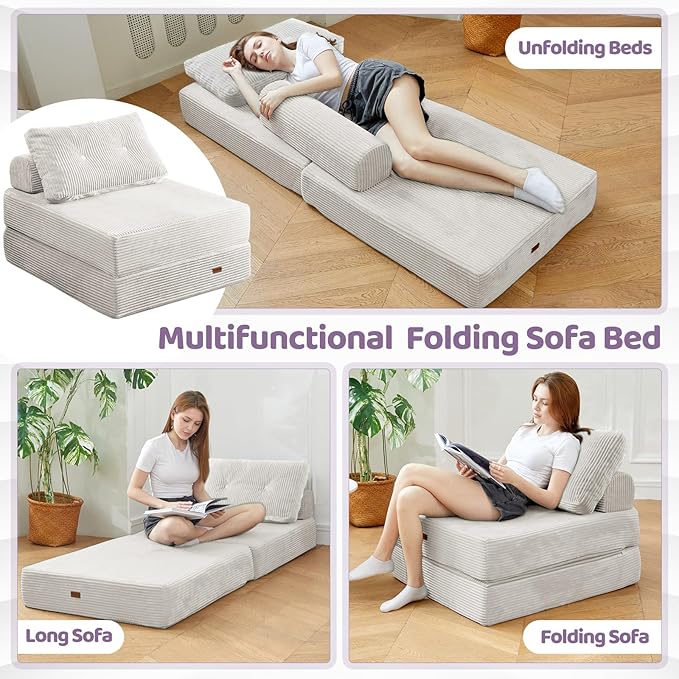 Folding Chair,Sleep Chair with High-Density Support Foam,Portable 3 in 1 Fold Out Chair with Back Support and Pillow for Bedroom、Balcony、Hotel、Apartment,Single,Silver Gray