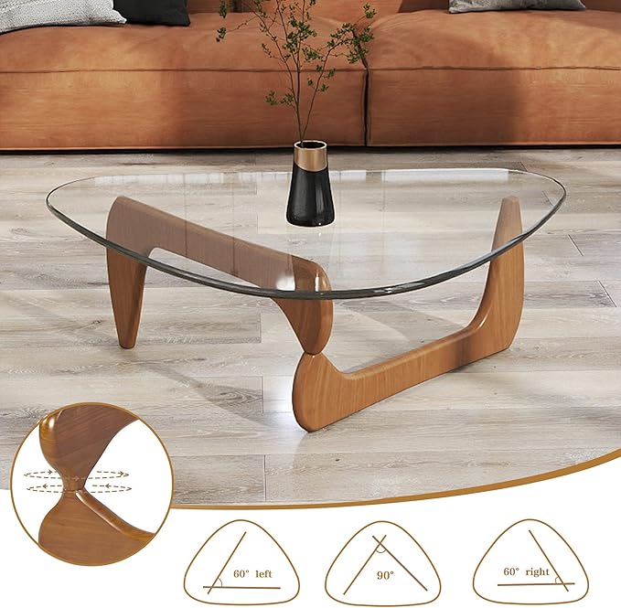 Glass Coffee Table Modern Coffee Table for Living Room, Farmhouse Mid Century Center Tables with Tempered Glass Top and Wooden Base,Rustic Walnut Brown Tea Tables for Small Space