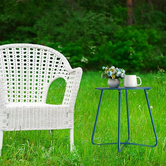danpinera Outdoor Side Tables with Flower Cut Outs, Weather Resistant Steel Patio Side Table, Small Round Outdoor End Table Metal Side Table for Patio Yard Balcony Garden Navy Blue - Image 2