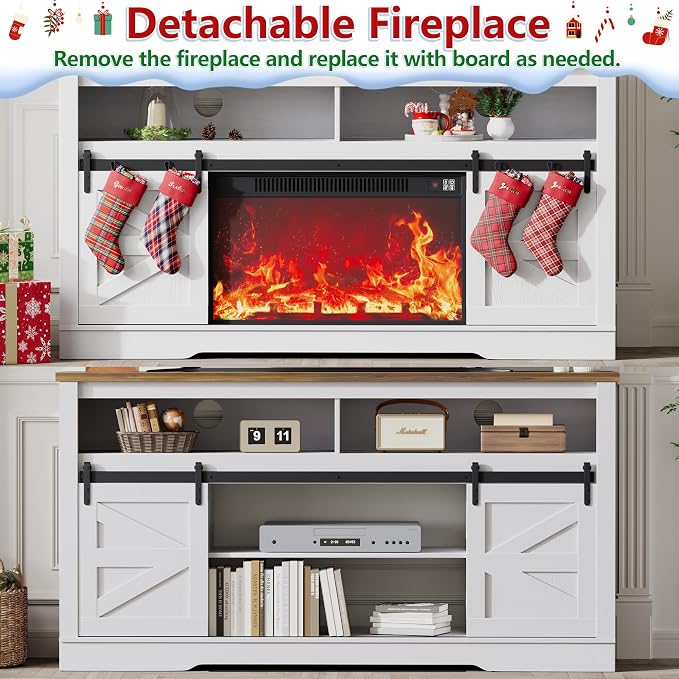 JUMMICO Fireplace TV Stand for 65+ Inch TV with 26'' Fireplace Entertainment Center with Storage Cabinet and Adjustable Shelves Media Console with Sliding Barn Door for Living Room (Bright White) - Image 7