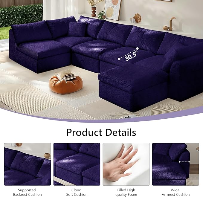 Modular Sectional Sofa Boneless Cloud Couch for Living Room, L Shape Deep Seat Recliner Sofa with Ottoman, Adjustable Backrest & 2 Throw Pillows - Covers Washable, (Purple, 5 Seater+1 Ottoman)