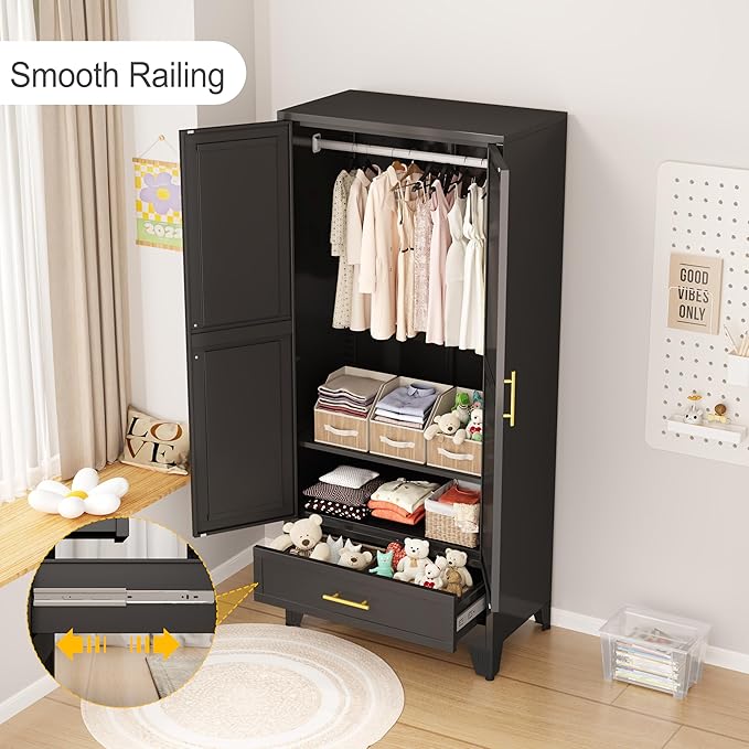 winiowa Metal Armoire Wardrobe Closet with Drawer, 71" Wardrobe Cabinet with Adjustable Shelves and Hanging Rod, Clothing Storage Cabinet Closet for Bedroom-Black