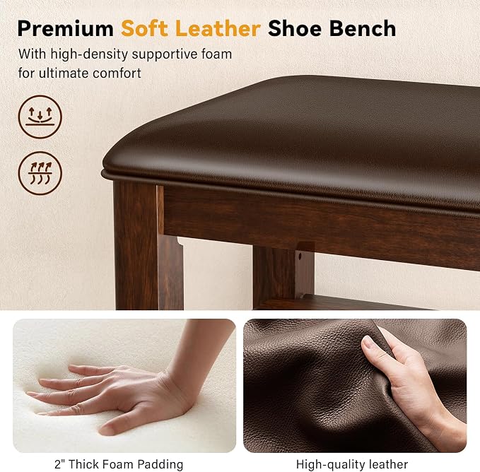 Shoe Rack Bench Entryway Storage with Leather Cushion, Shoe Organizer Bench for Entryway, Ideal for Front Doors Entrances Hallway Mudroom Featuring Rubberwood And 3 Height-Adjustable Removable Shelve - Image 5