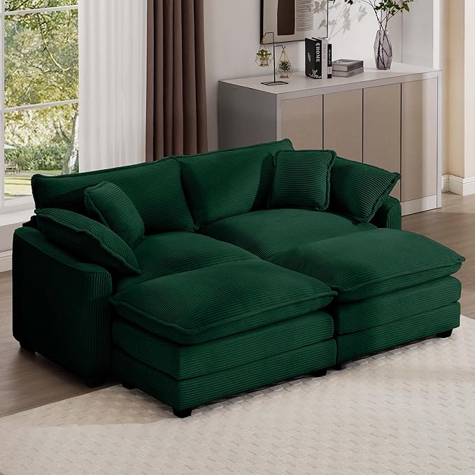 KEIKI 80" Oversized Corduroy Modular Sectional Loveseat Sofa with 2 Ottoman, High-Density Foam Cushions, Removable Armrests, Upholstered 2-Seater Corner Couch with 4 Pillow, for Living Room, Green