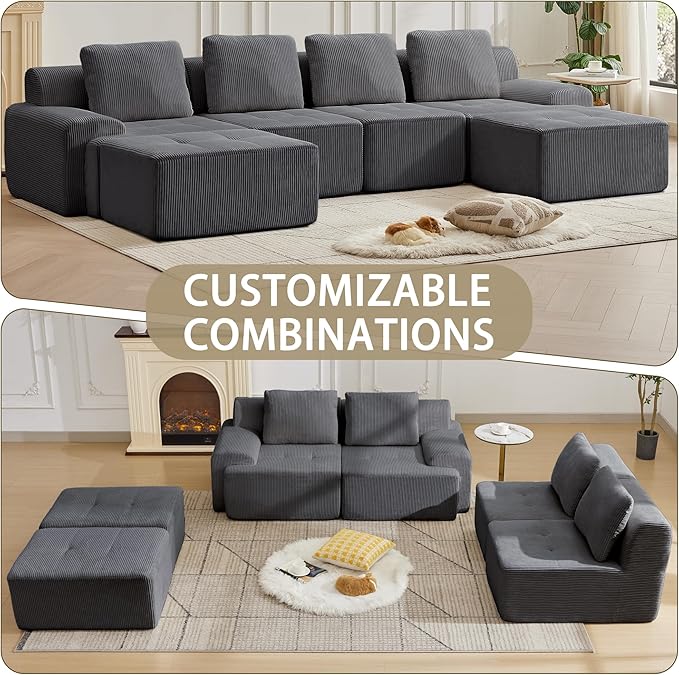 Modular Sectional Sofa with Movable Ottoman, 4 Seat Deep Seat Couch with 4 Pillows, Comfy Cloud Sectional Sofa for Living Room, Bedroom and Apartment (Grey, 1 Left+1 Right+2 Middle+2 Ottoman)
