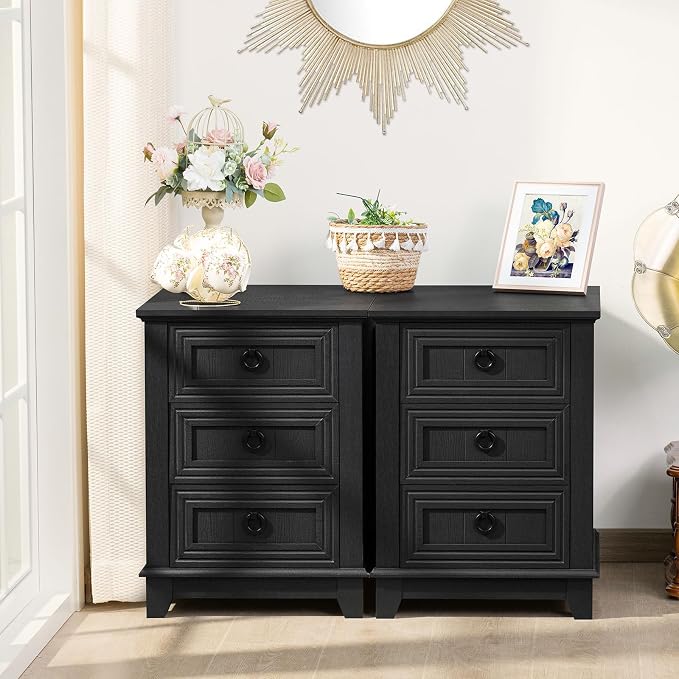 Joaxswe Farmhouse Night Stand Set of 2, 18" End Table with 3 Drawer Metal Handle, Dresser for Bedroom, Sofa Bed Side Table Chest of Drawers,Wood Nightstand Cabinet for Organizer, Living Room-Black - Image 2