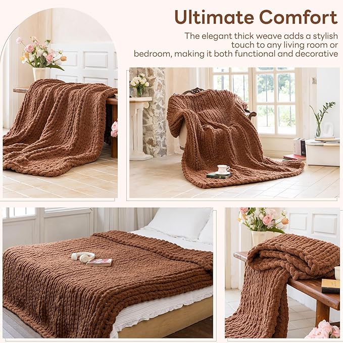 Chunky Knit Blanket - Luxury Soft Cozy 40 * 50 Throw Blanket,100% Woven Blanket Rope Knot Throw Blanket for Couch, Sofa, Home Decor, Gift - Machine Washable (Reddish-Brown, 40 * 50)