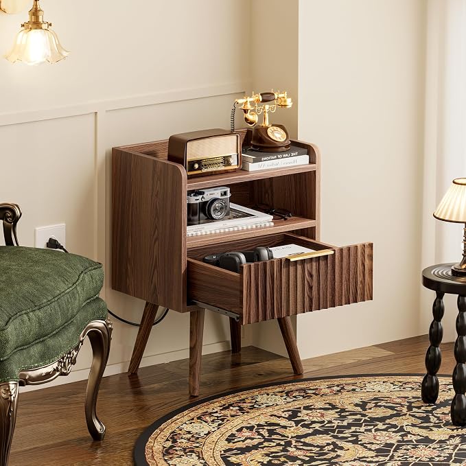 Huuger Nightstand with Charging Station, USB-C Port, Fluted Night Stand with Drawer, Bed Side Table with Solid Wood Feet, Open Storage, End Table with Raised Edge, for Bedroom, Walnut - Image 7