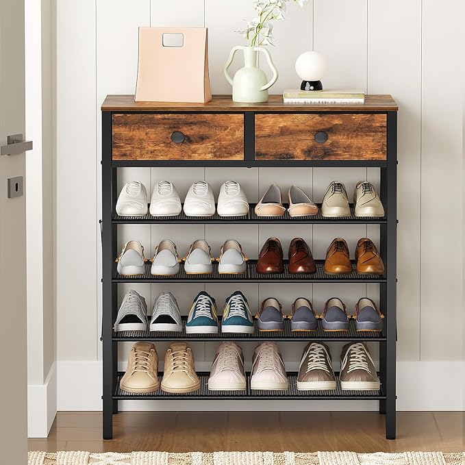 YATINEY 5 Tier Shoe Rack, Large Capacity Shoe Storage Organizer, Metal Shoe Shelf with Drawer and Wooden Top, for 20 Pairs of Shoes, for Entryway, Closet, Rustic Brown and Black SS25BRY1N1 - Image 2