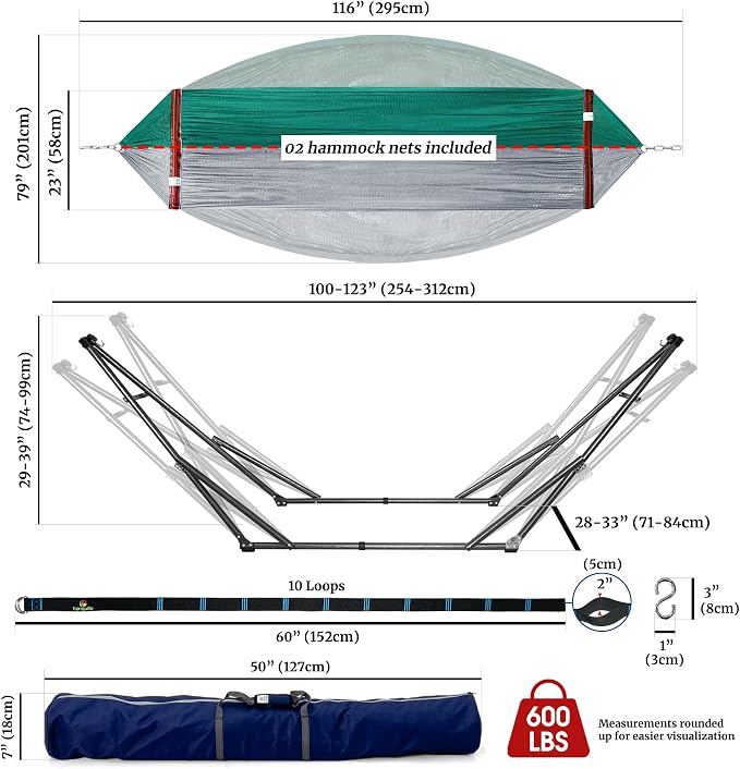 Tranquillo Combo x2 Hammocks with Stand for Outside & Tree Straps, Heavy Duty Hammock with Stand 600lbs for Indoor Outdoor Patio Backyard, x2 Hammocks for 2 Person (Combo - Peacock, Medium) - Image 7