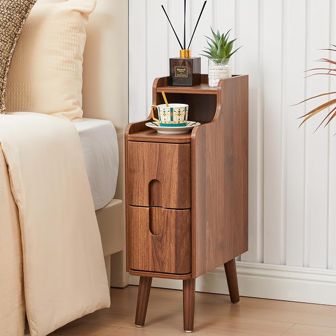 Narrow End Table Living Room, Wooden Small 2 Drawer Nightstand Bedroom, Thin Couch Side End Table, Vintage Skinny Bedside Table Small Spaces, Mid Century Modern Night Stand with Drawers (Walnut-1 pc) - Image 7