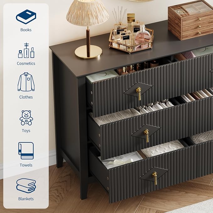 GarveeHome Fluted Dresser for Bedroom, 47.2 Inch Wide 6-Drawer Wood Dresser, Modern Chest of Drawers, Storage Organizer Cabinet for Living Room, Hallway, Entryway, Black - Image 3