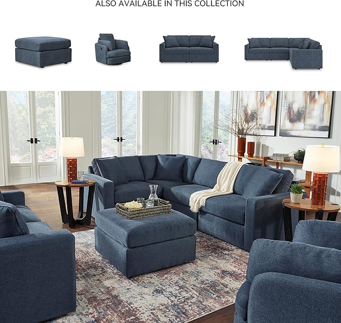 Signature Design by Ashley Modmax Contemporary Stain Resistant Square Oversized Accent Ottoman with Non-Skid Legs, Blue